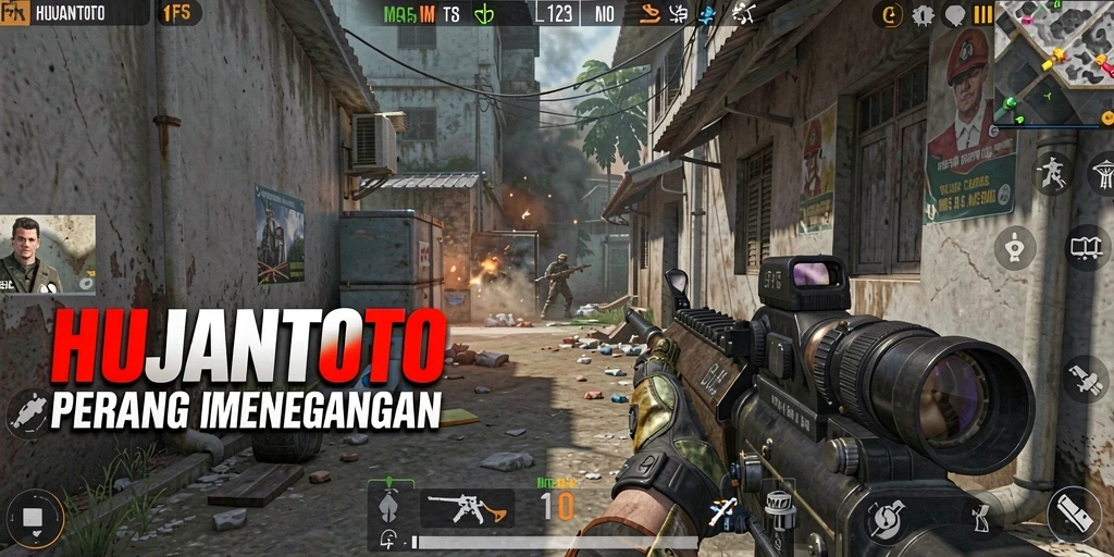 Screenshot menampilkan aksi intens gameplay HUJANTOTO di medan perang.