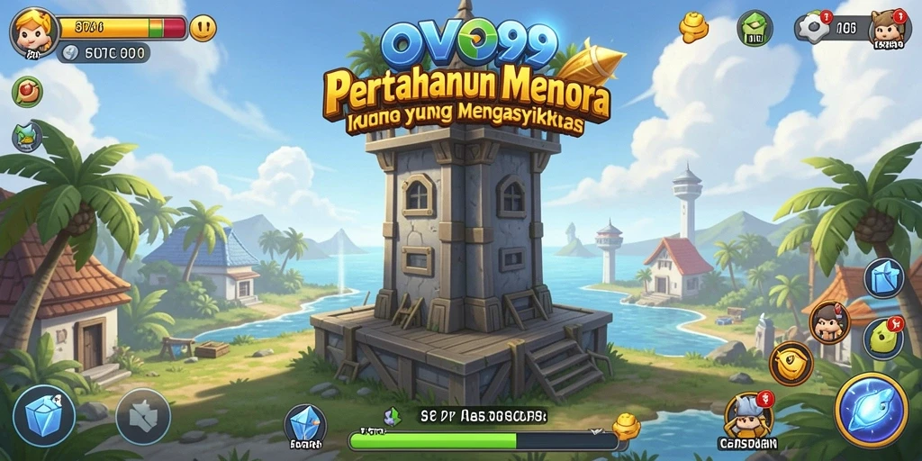 Tangkapan layar OVO99 menampilkan aksi menara bertahan melawan gelombang serangan musuh.