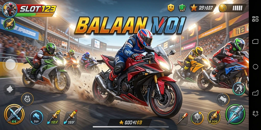 Tampilan menarik dari gameplay balapan motor di SLOT123.
