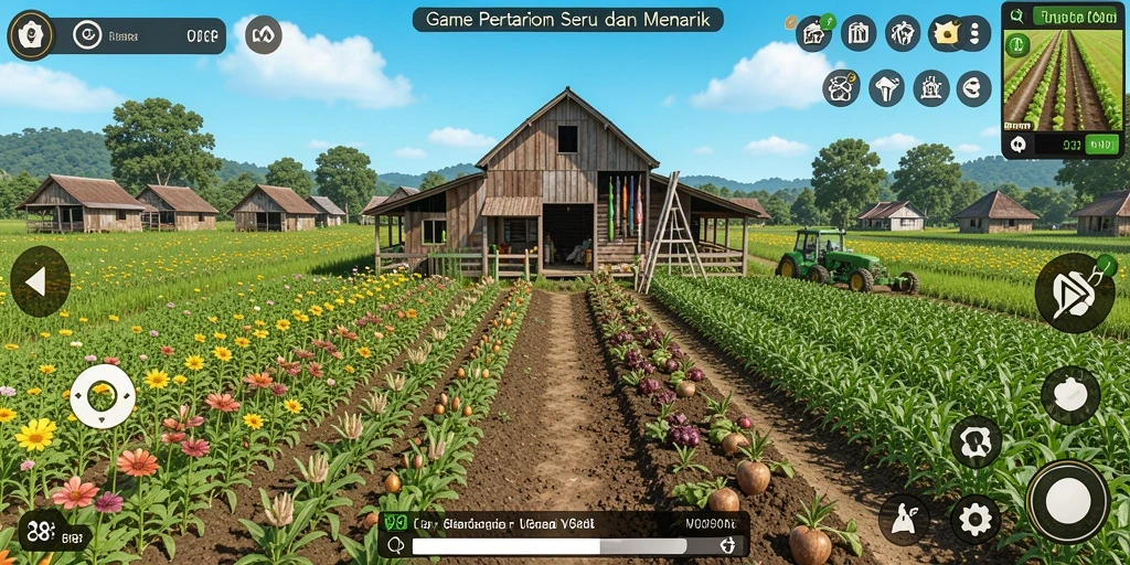 Tampilan gameplay seru di V98 yang menunjukkan aktivitas bertani
